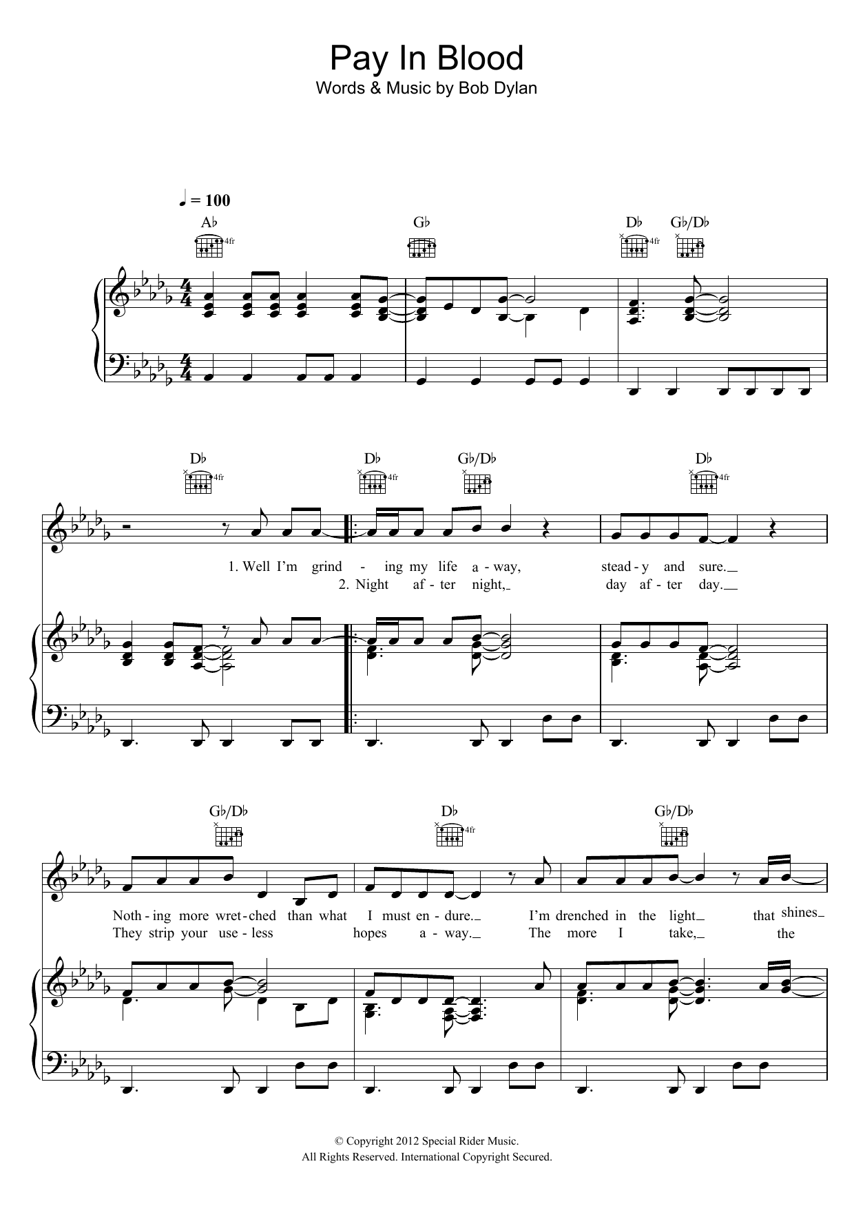 Bob Dylan Pay In Blood sheet music notes and chords arranged for Piano, Vocal & Guitar Chords