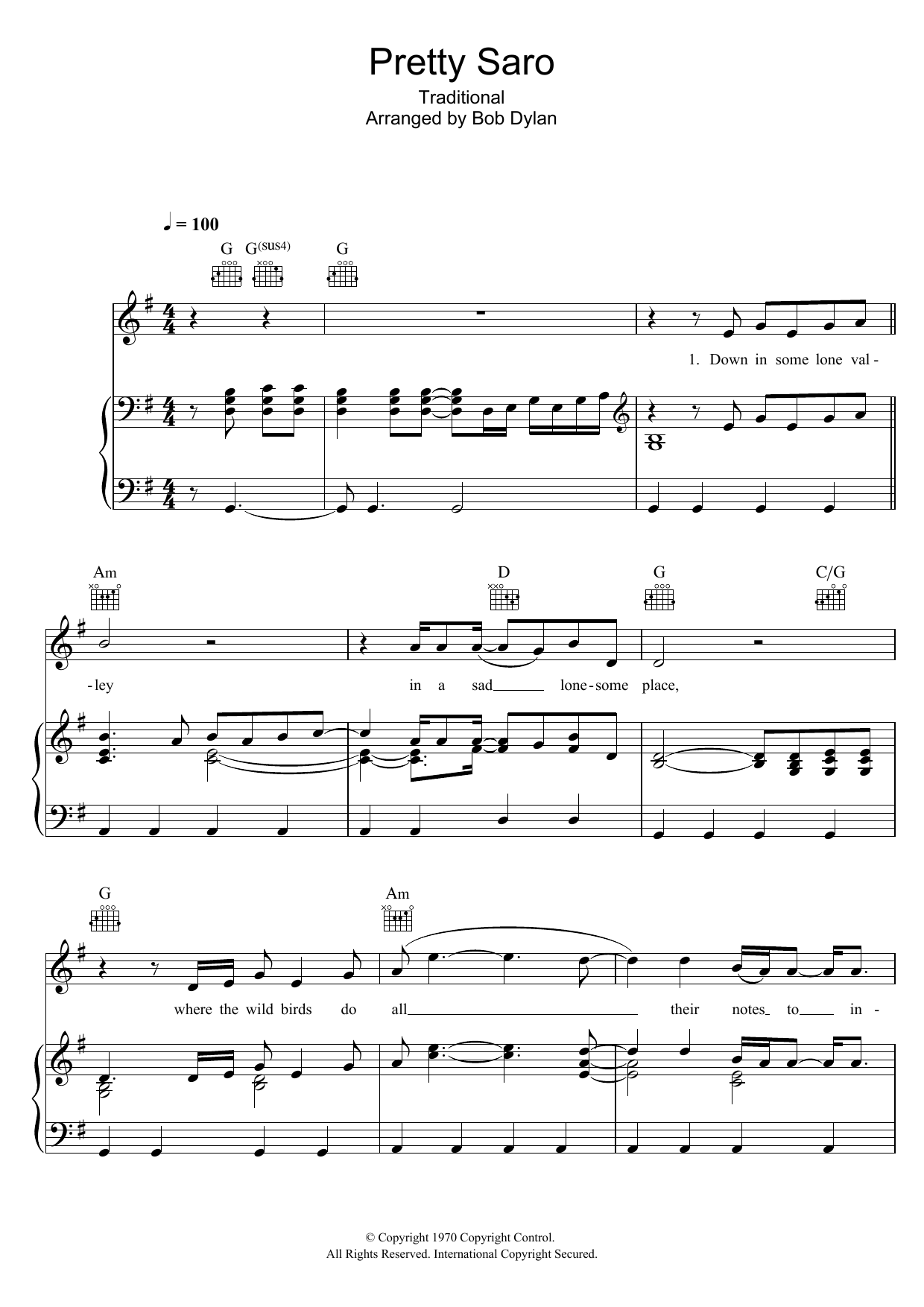 Bob Dylan Pretty Saro sheet music notes and chords arranged for Piano, Vocal & Guitar Chords