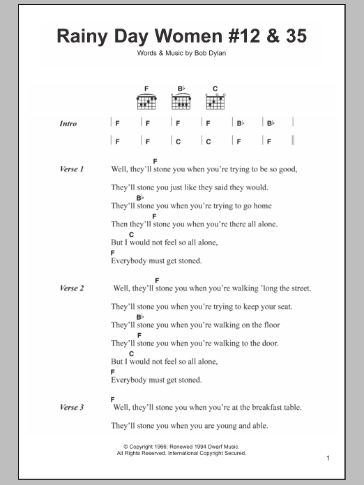 Bob Dylan Rainy Day Women #12 & 35 sheet music notes and chords arranged for Guitar Chords/Lyrics