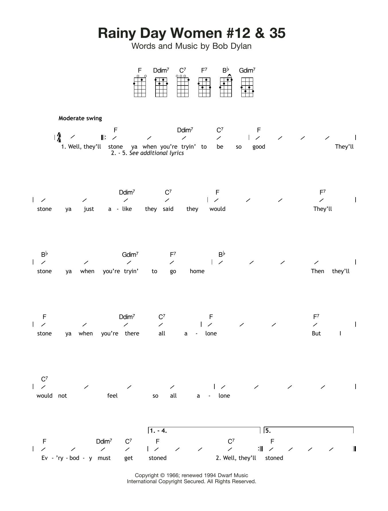 Bob Dylan Rainy Day Women #12 and 35 sheet music notes and chords arranged for Ukulele Chords/Lyrics