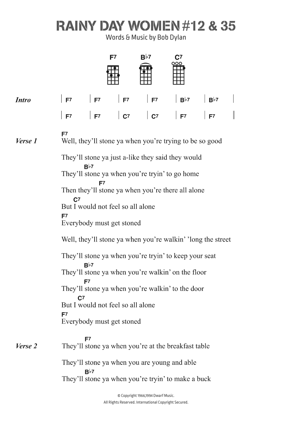 Bob Dylan Rainy Day Women #12 and #35 sheet music notes and chords arranged for Piano, Vocal & Guitar Chords