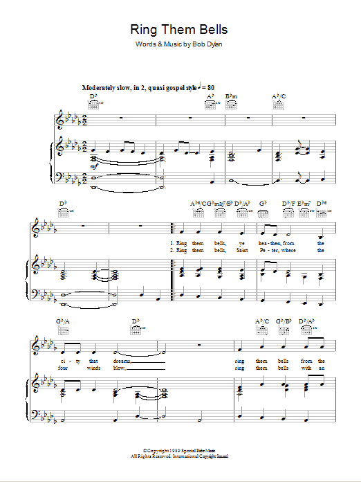 Bob Dylan Ring Them Bells sheet music notes and chords arranged for Piano, Vocal & Guitar Chords