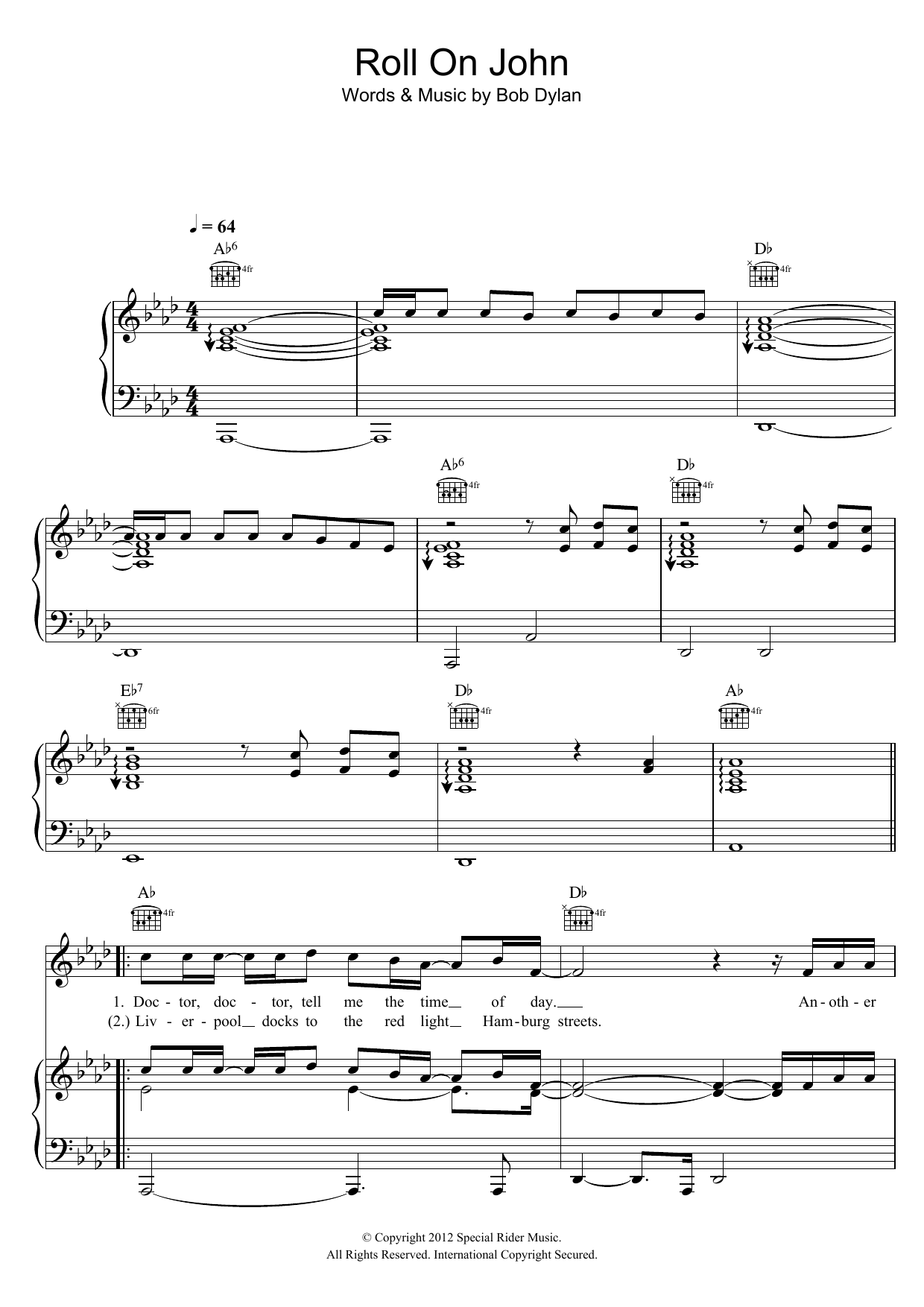 Bob Dylan Roll On John sheet music notes and chords arranged for Piano, Vocal & Guitar Chords