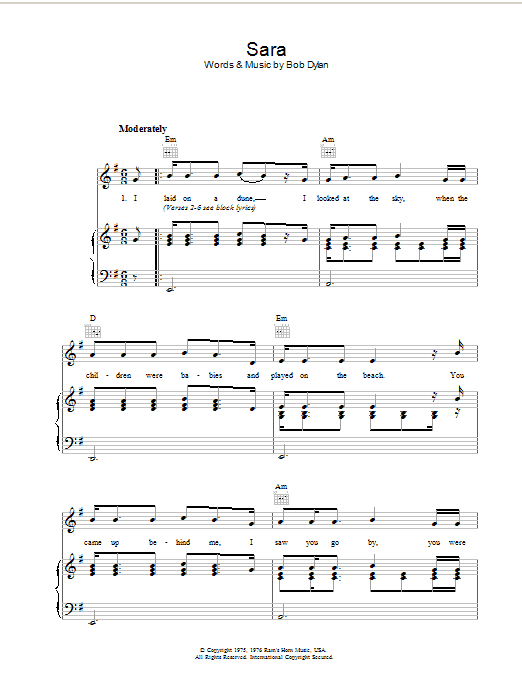Bob Dylan Sara sheet music notes and chords arranged for Guitar Chords/Lyrics