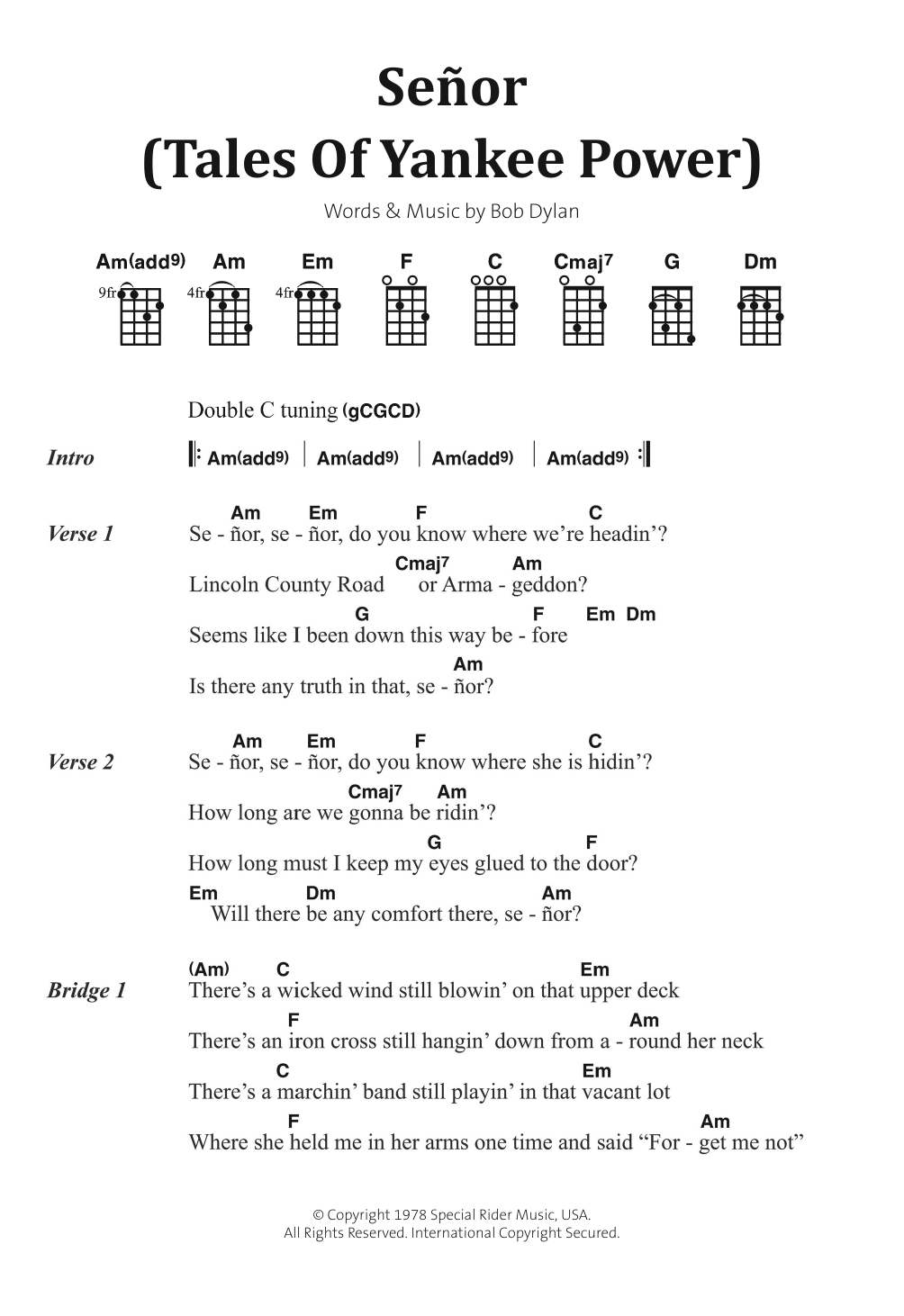 Bob Dylan Senor (Tales Of Yankee Power) sheet music notes and chords arranged for Guitar Chords/Lyrics