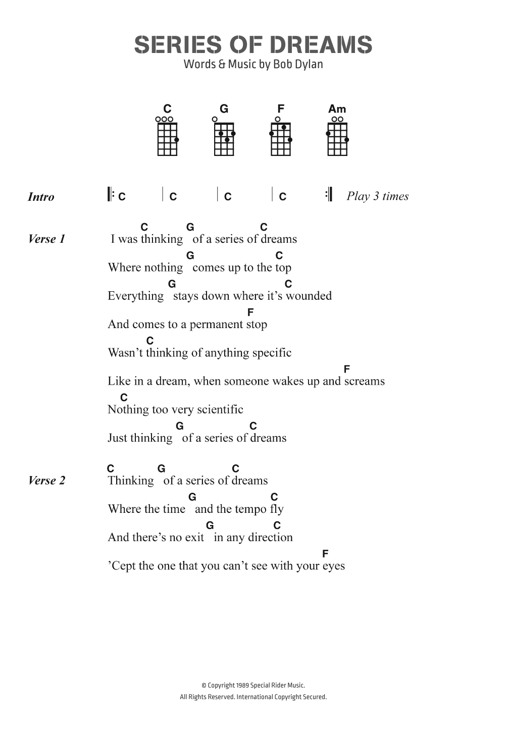 Bob Dylan Series Of Dreams sheet music notes and chords arranged for Piano, Vocal & Guitar Chords