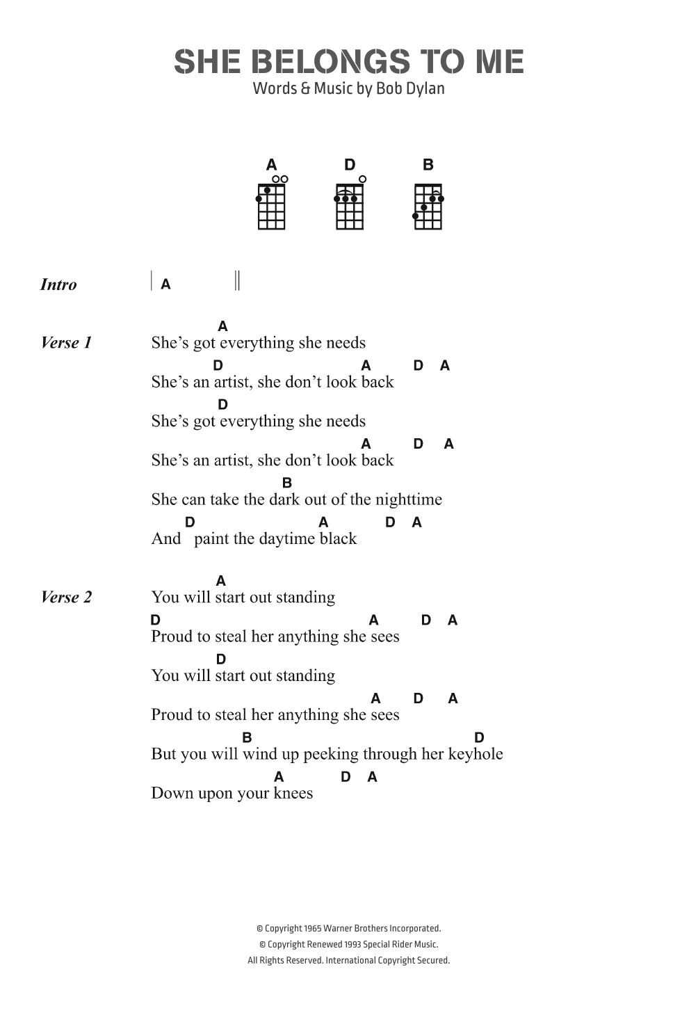 Bob Dylan She Belongs To Me sheet music notes and chords arranged for Guitar Chords/Lyrics