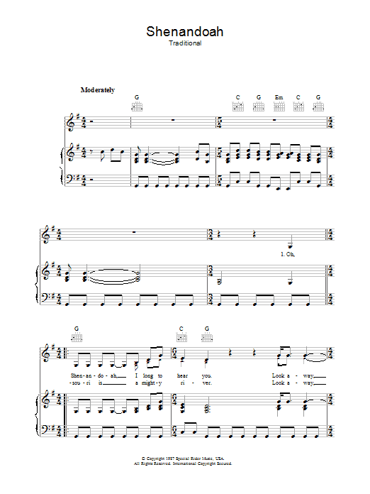 Bob Dylan Shenandoah sheet music notes and chords arranged for Piano, Vocal & Guitar Chords