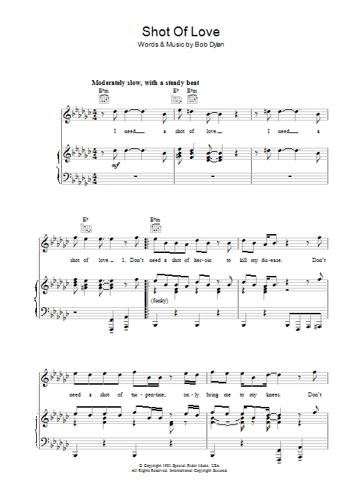 Bob Dylan Shot Of Love sheet music notes and chords arranged for Piano, Vocal & Guitar Chords