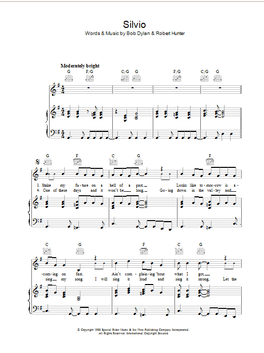 Bob Dylan Silvio sheet music notes and chords arranged for Guitar Chords/Lyrics