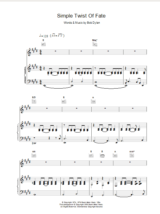 Bob Dylan Simple Twist Of Fate sheet music notes and chords arranged for Piano, Vocal & Guitar Chords