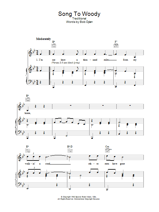 Bob Dylan Song To Woody sheet music notes and chords arranged for Piano, Vocal & Guitar Chords