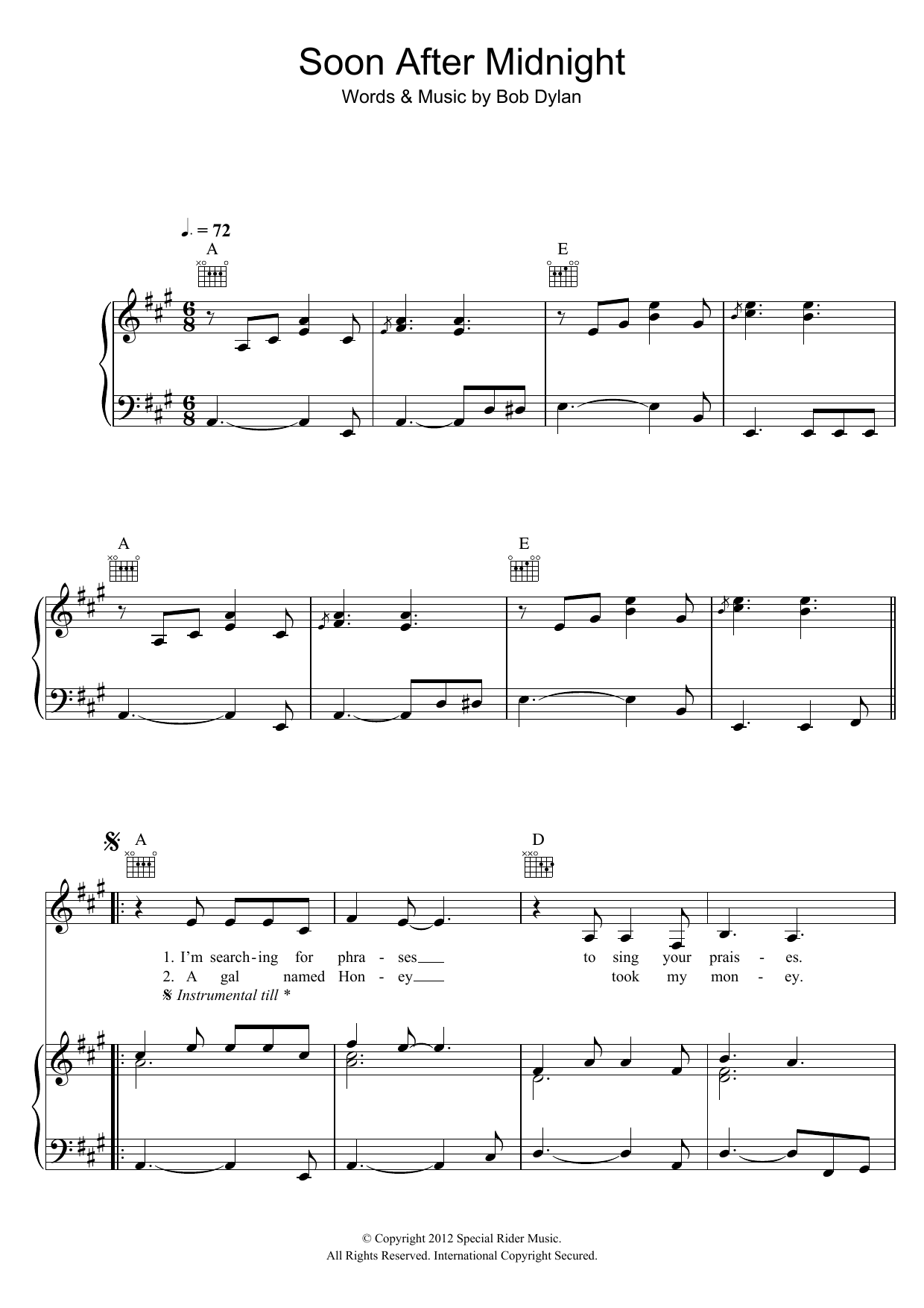 Bob Dylan Soon After Midnight sheet music notes and chords arranged for Piano, Vocal & Guitar Chords