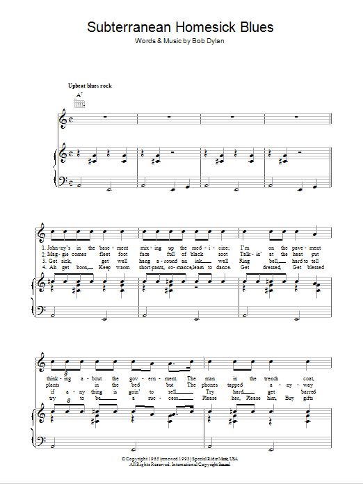 Bob Dylan Subterranean Homesick Blues sheet music notes and chords arranged for Super Easy Piano