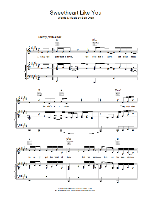 Bob Dylan Sweetheart Like You sheet music notes and chords arranged for Piano, Vocal & Guitar Chords