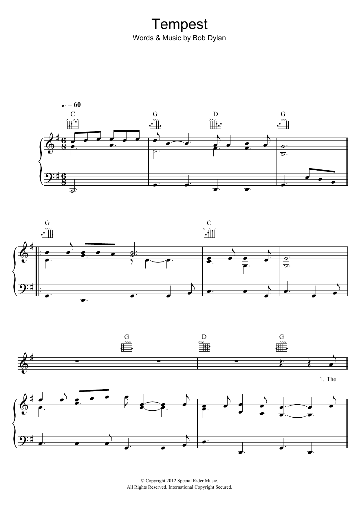 Bob Dylan Tempest sheet music notes and chords arranged for Piano, Vocal & Guitar Chords