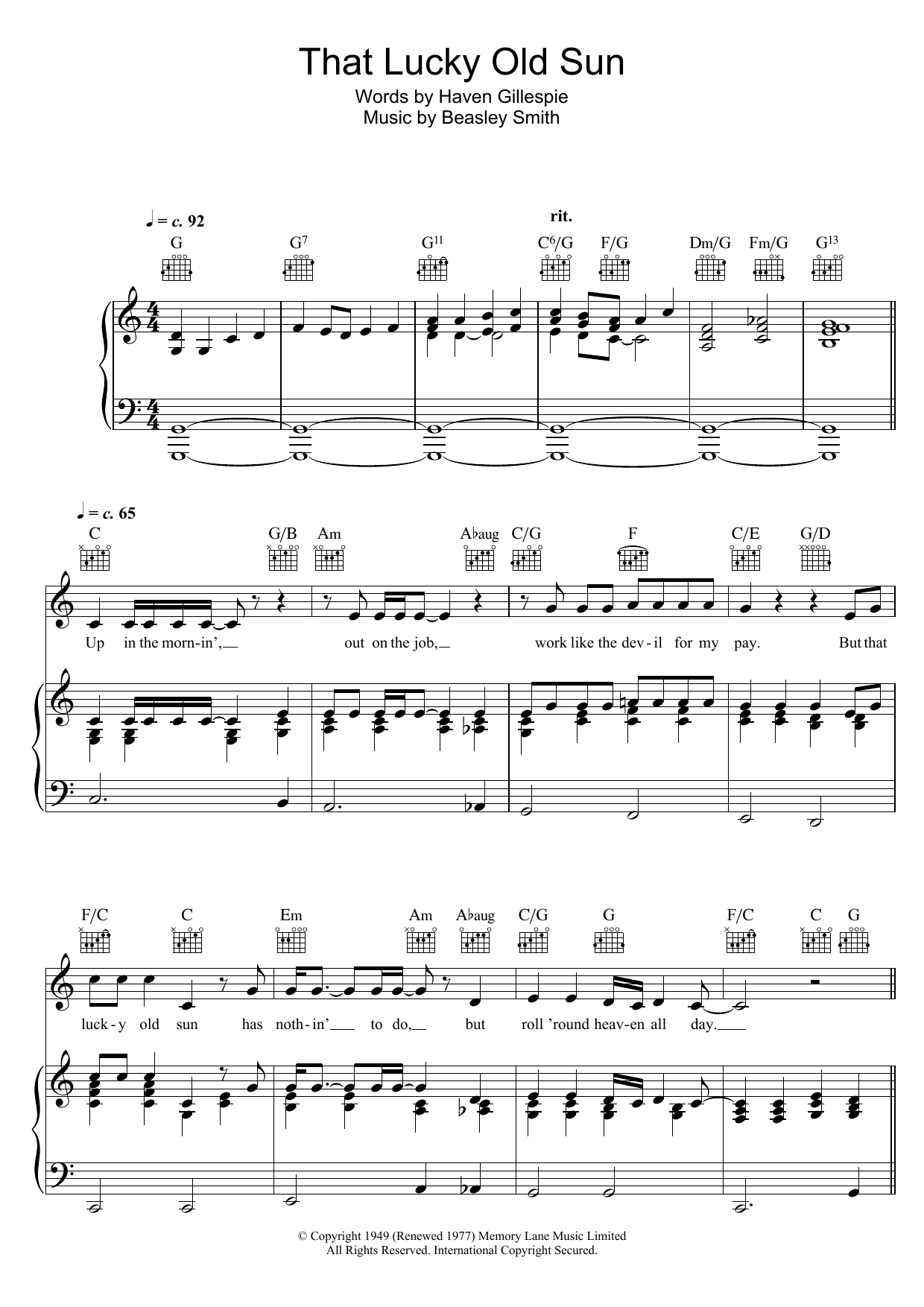 Bob Dylan That Lucky Old Sun (Just Rolls Around Heaven All Day) sheet music notes and chords arranged for Piano, Vocal & Guitar Chords
