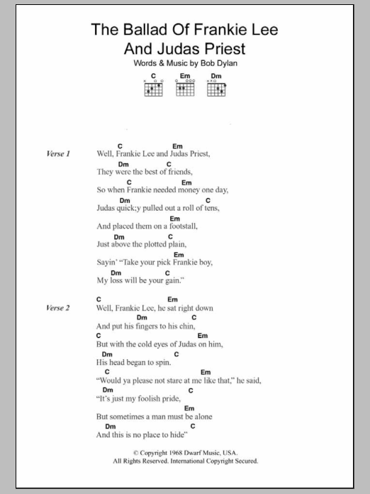 Bob Dylan The Ballad Of Frankie Lee And Judas Priest sheet music notes and chords arranged for Guitar Chords/Lyrics
