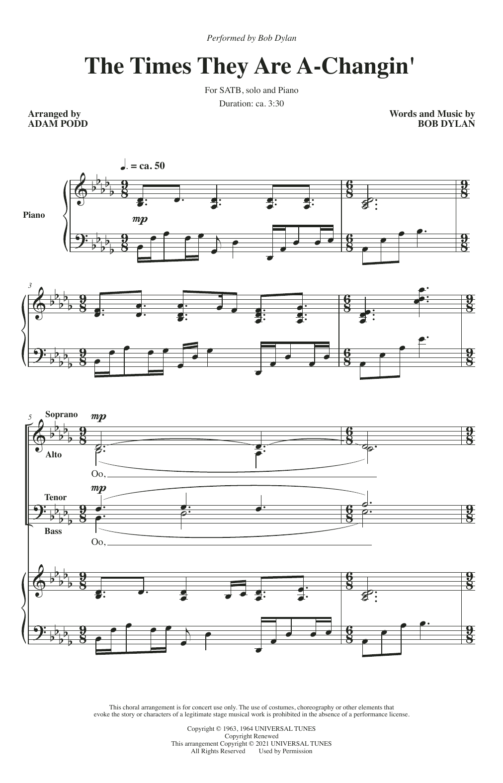 Bob Dylan The Times They Are A-Changin' (arr. Adam Podd) sheet music notes and chords arranged for SSAA Choir