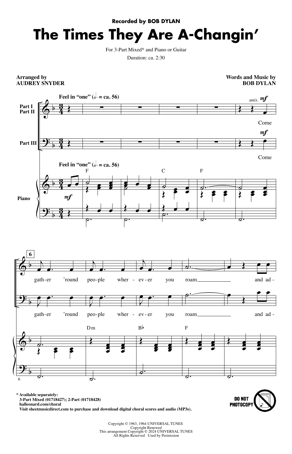 Bob Dylan The Times They Are A-Changin' (arr. Audrey Snyder) sheet music notes and chords arranged for 2-Part Choir