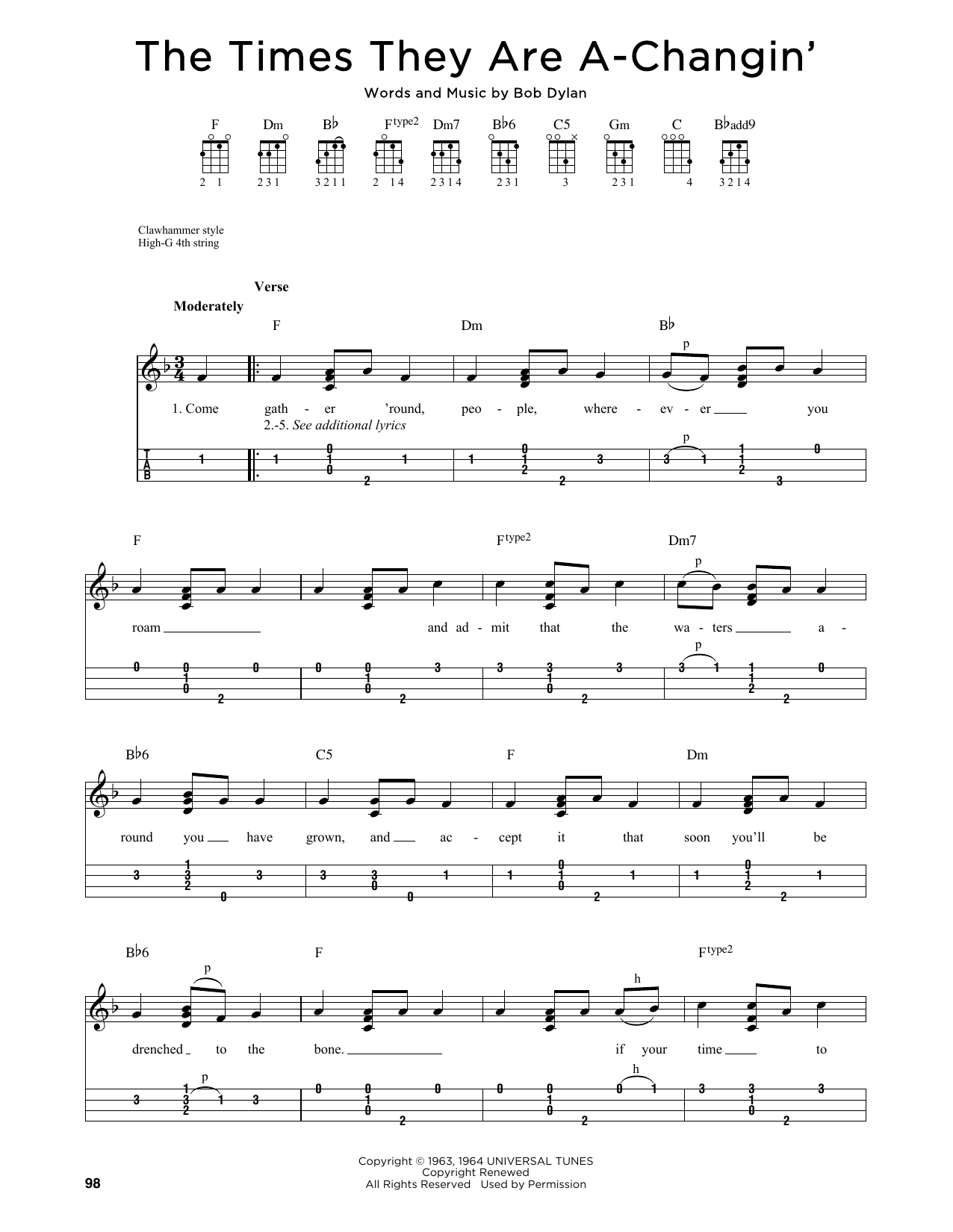 Bob Dylan The Times They Are A-Changin' (arr. Jim Schustedt) sheet music notes and chords arranged for Ukulele