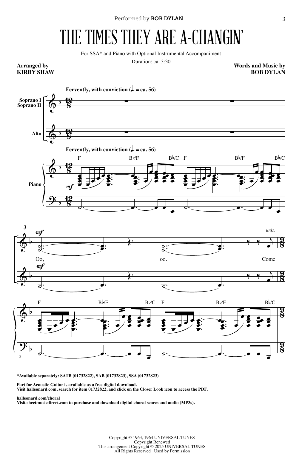 Bob Dylan The Times They Are A-Changin' (arr. Kirby Shaw) sheet music notes and chords arranged for SAB Choir
