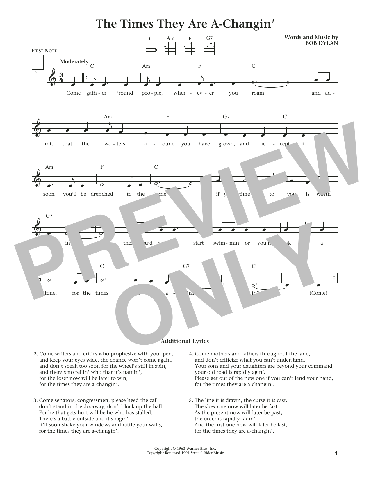 Bob Dylan The Times They Are A-Changin' (from The Daily Ukulele) (arr. Liz and Jim Beloff) sheet music notes and chords arranged for Ukulele