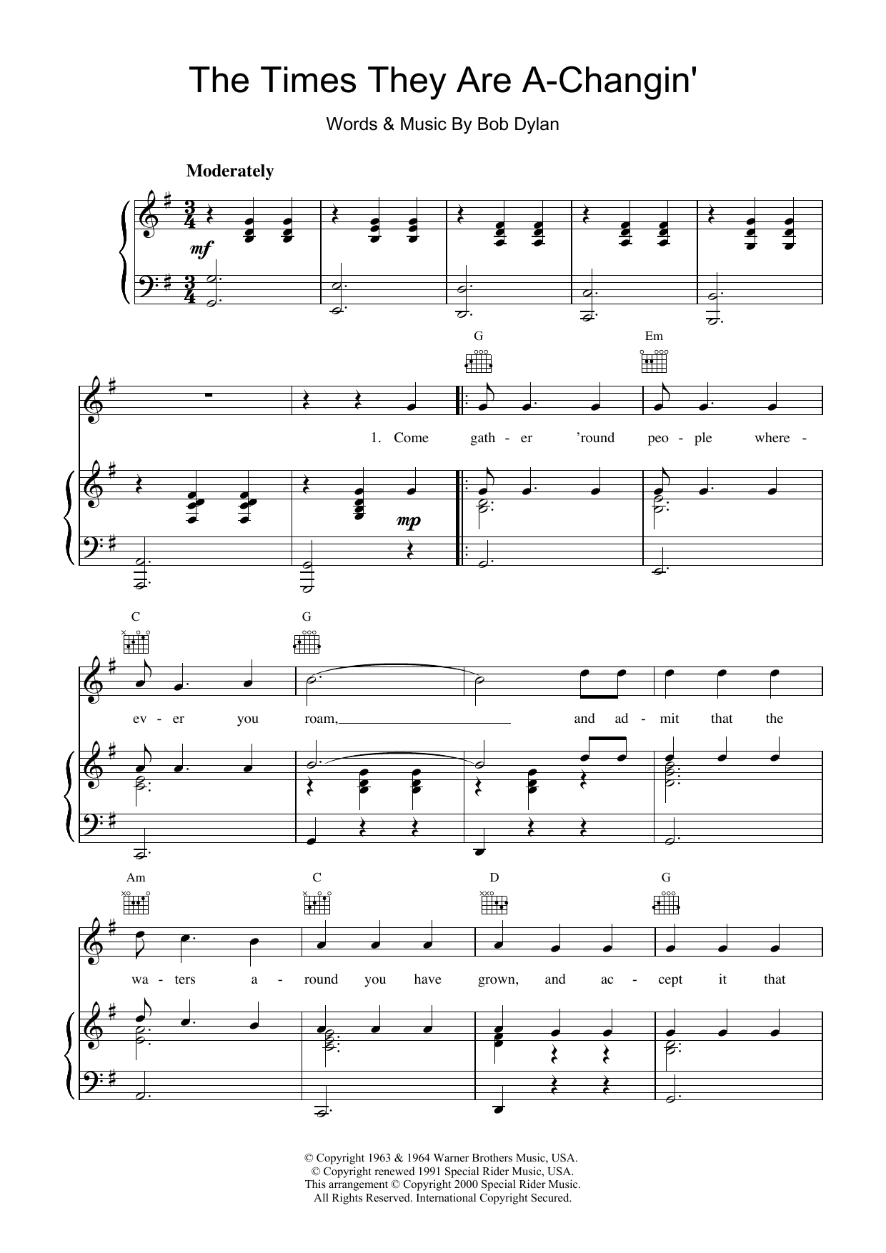 Bob Dylan The Times They Are A-Changin' sheet music notes and chords arranged for Banjo Tab