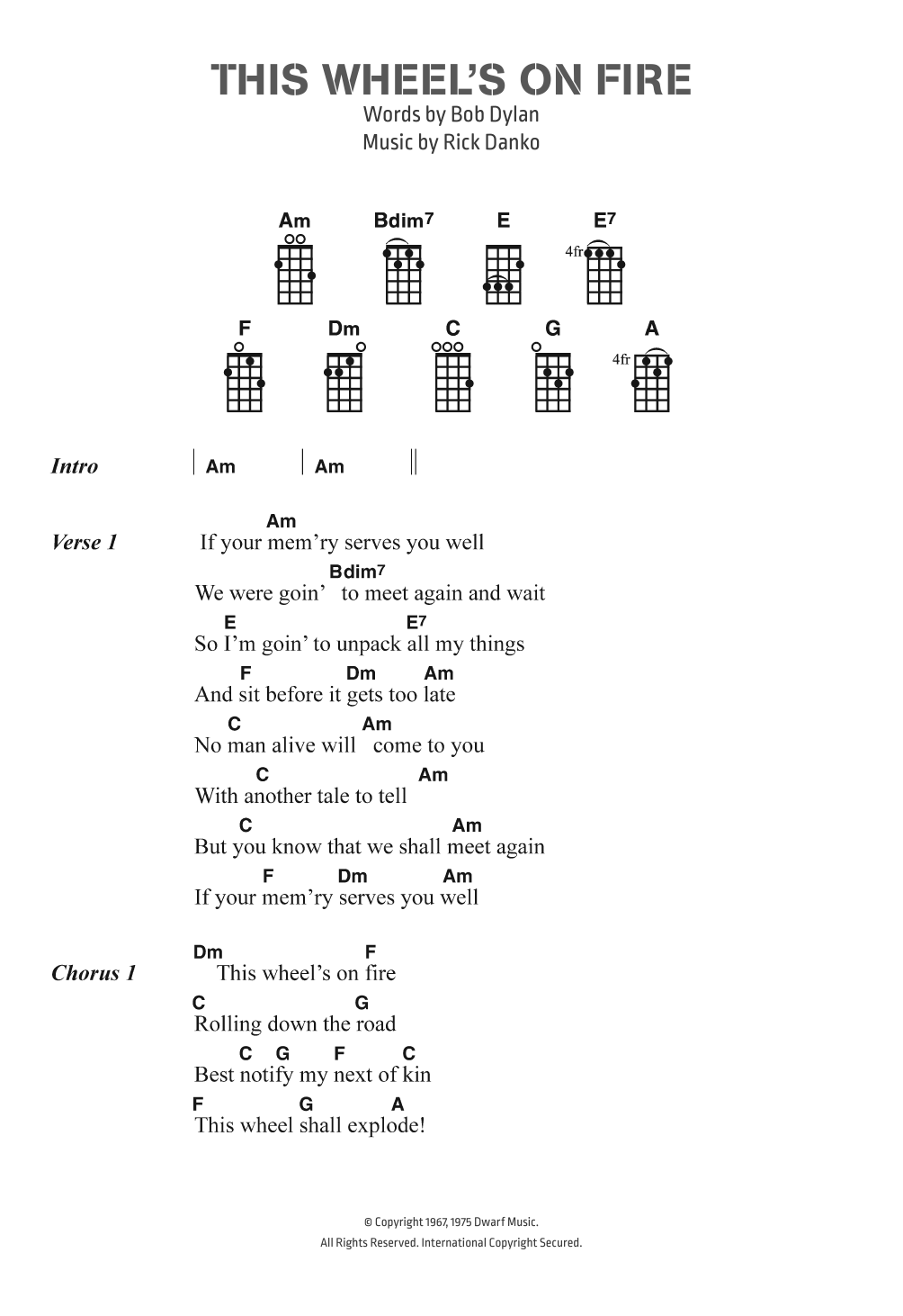 Bob Dylan This Wheel's On Fire sheet music notes and chords arranged for Beginner Piano