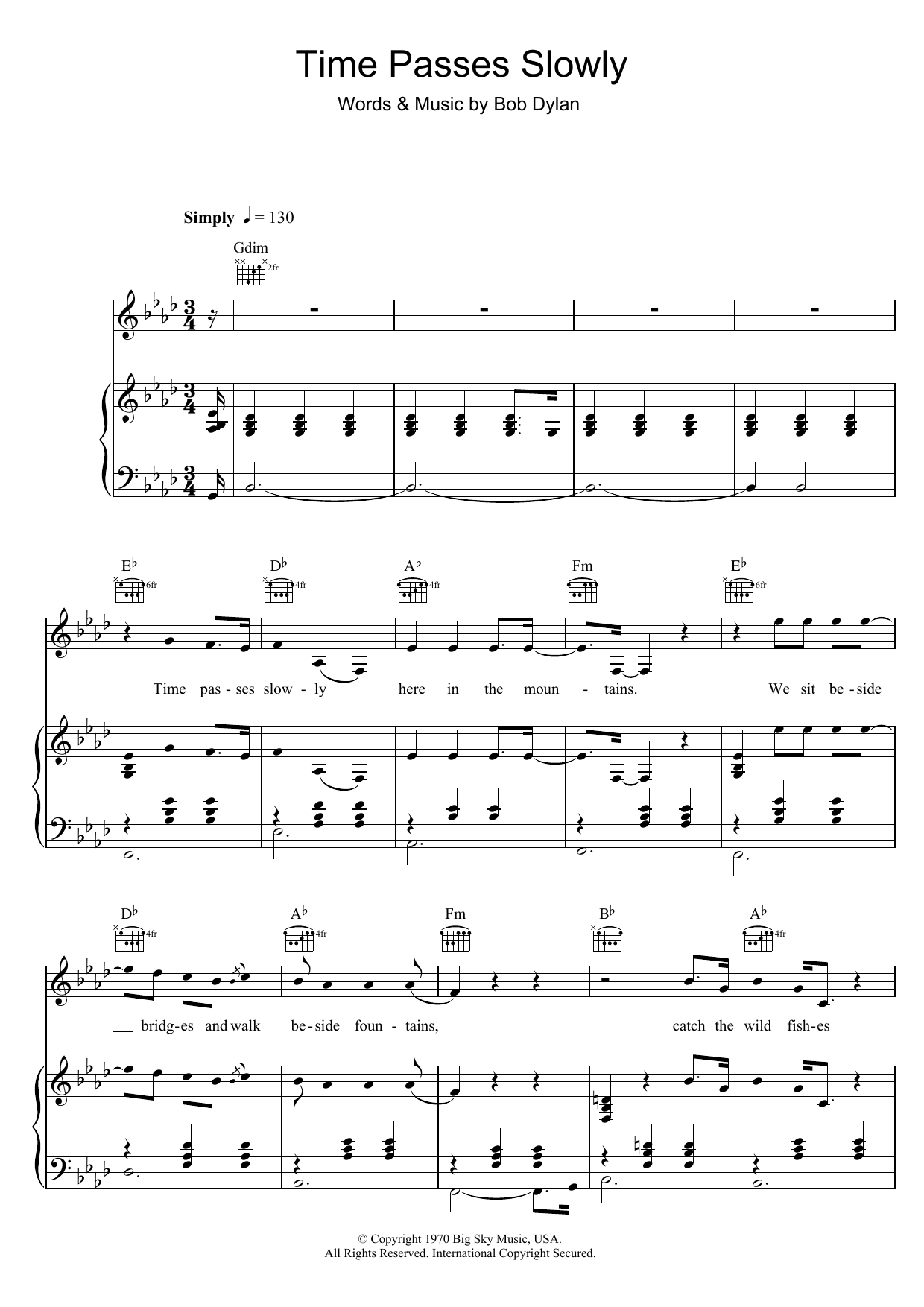 Bob Dylan Time Passes Slowly sheet music notes and chords arranged for Piano, Vocal & Guitar Chords