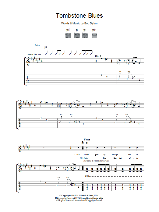 Bob Dylan Tombstone Blues sheet music notes and chords arranged for Guitar Tab