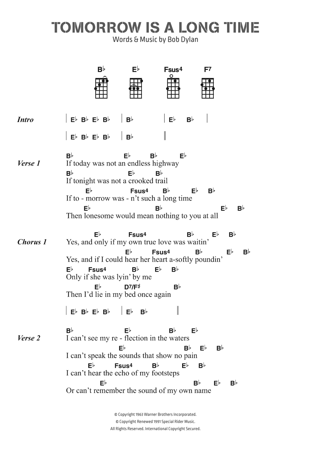 Bob Dylan Tomorrow Is A Long Time sheet music notes and chords arranged for Piano, Vocal & Guitar Chords