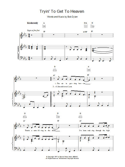Bob Dylan Tryin'To Get To Heaven sheet music notes and chords arranged for Piano, Vocal & Guitar Chords