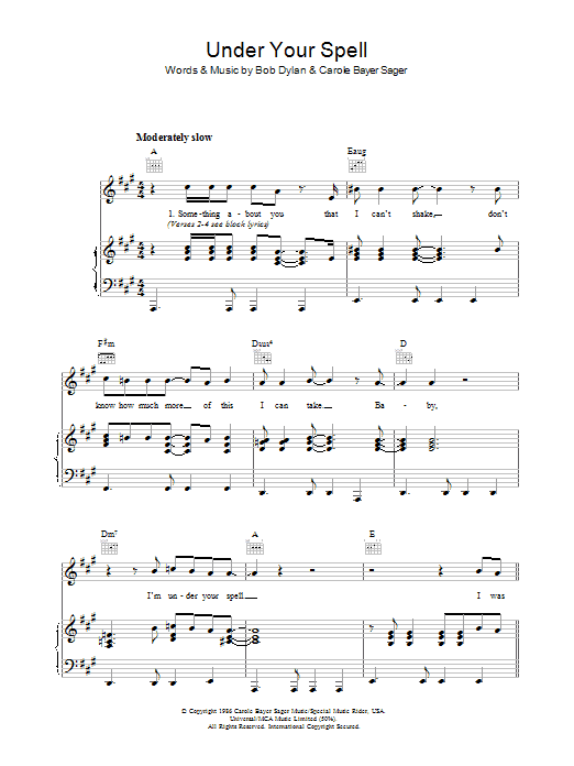 Bob Dylan Under Your Spell sheet music notes and chords arranged for Piano, Vocal & Guitar Chords