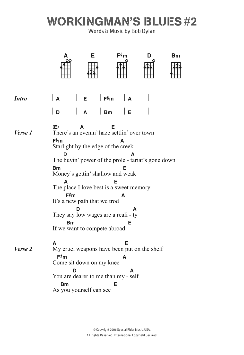 Bob Dylan Workingman's Blues # 2 sheet music notes and chords arranged for Piano, Vocal & Guitar Chords