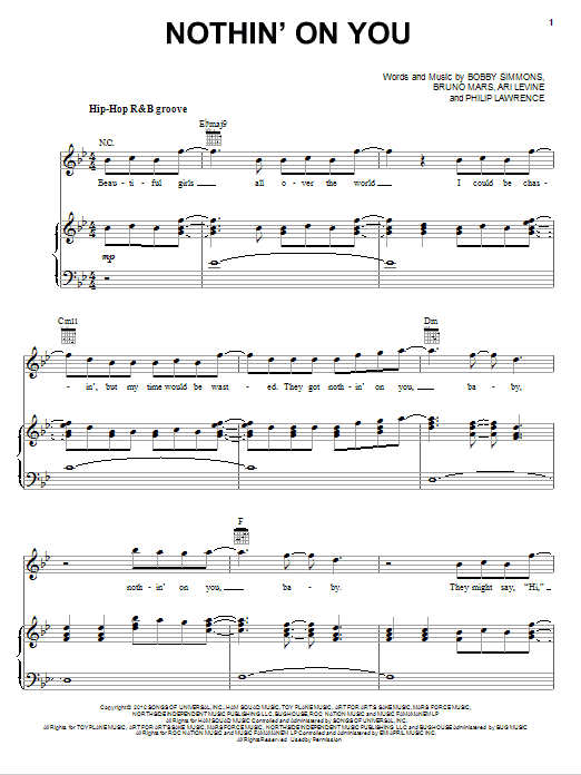 B.o.B. featuring Bruno Mars Nothin' On You sheet music notes and chords arranged for Piano, Vocal & Guitar Chords