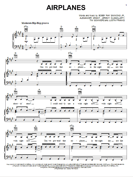 B.o.B. featuring Hayley Williams Airplanes sheet music notes and chords arranged for Piano, Vocal & Guitar Chords (Right-Hand Melody)