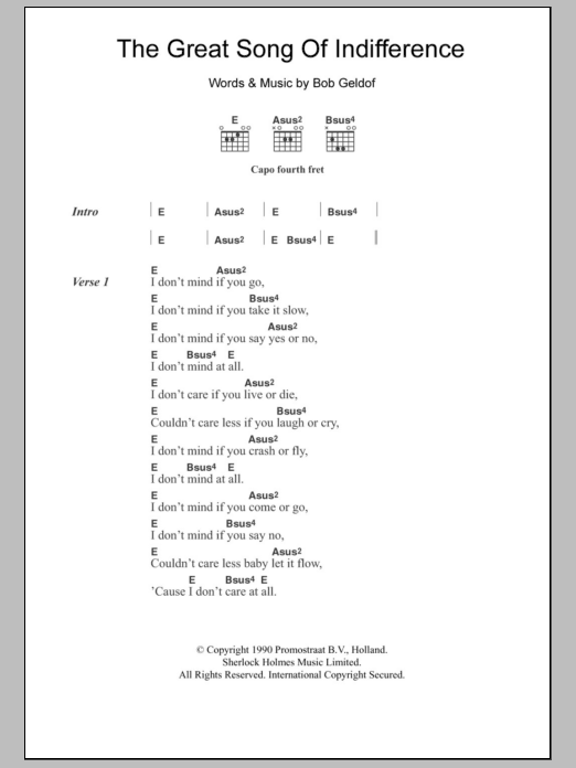 Bob Geldof The Great Song Of Indifference sheet music notes and chords arranged for Guitar Chords/Lyrics