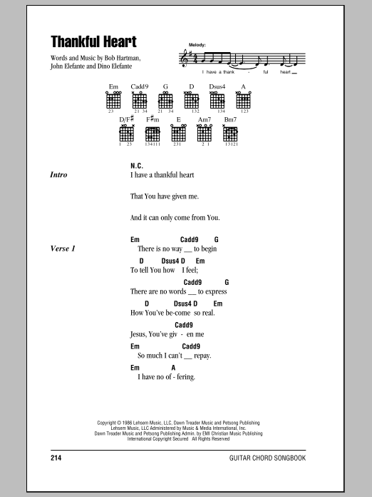 Bob Hartman Thankful Heart sheet music notes and chords arranged for Guitar Chords/Lyrics