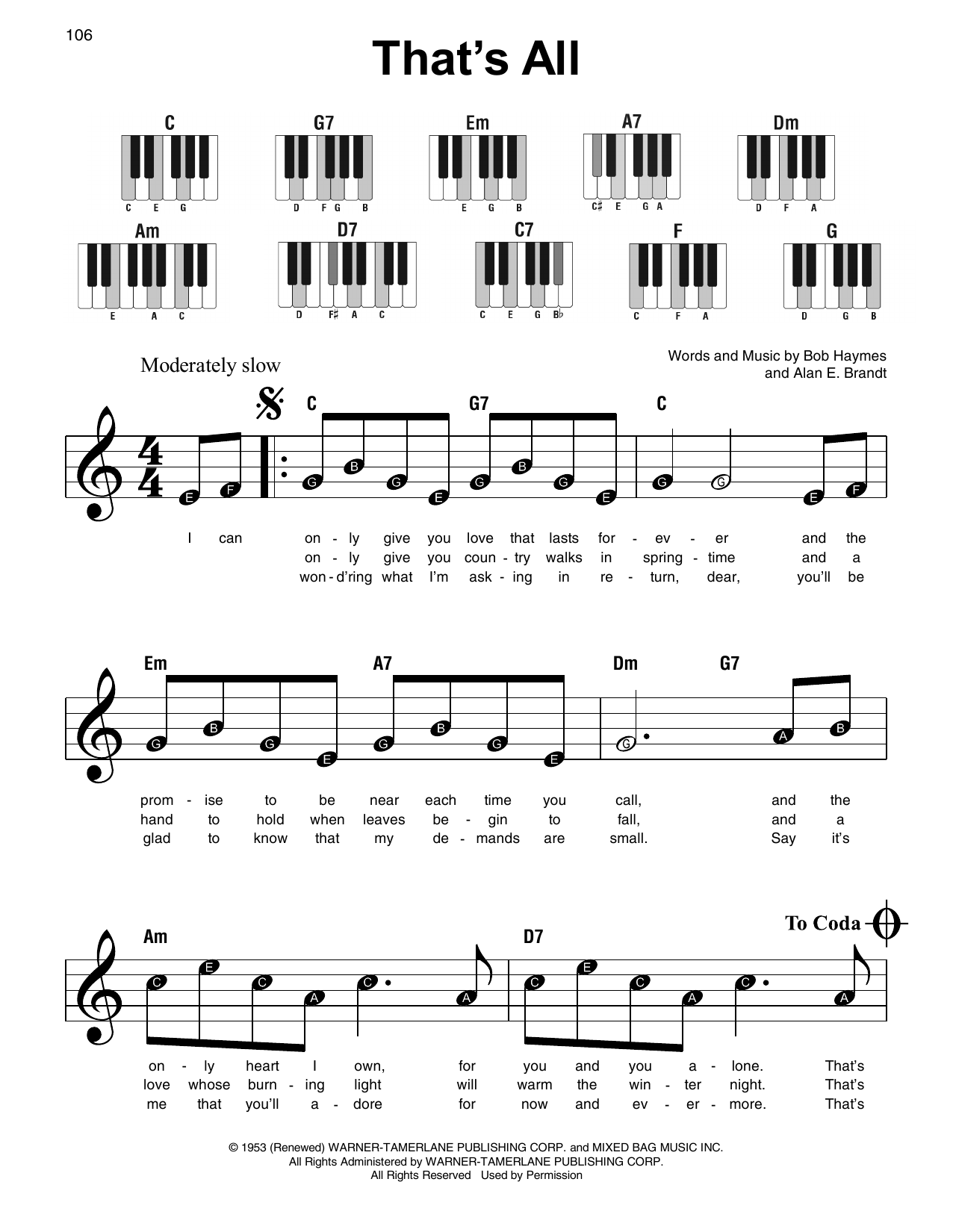 Bob Haymes That's All sheet music notes and chords arranged for Super Easy Piano