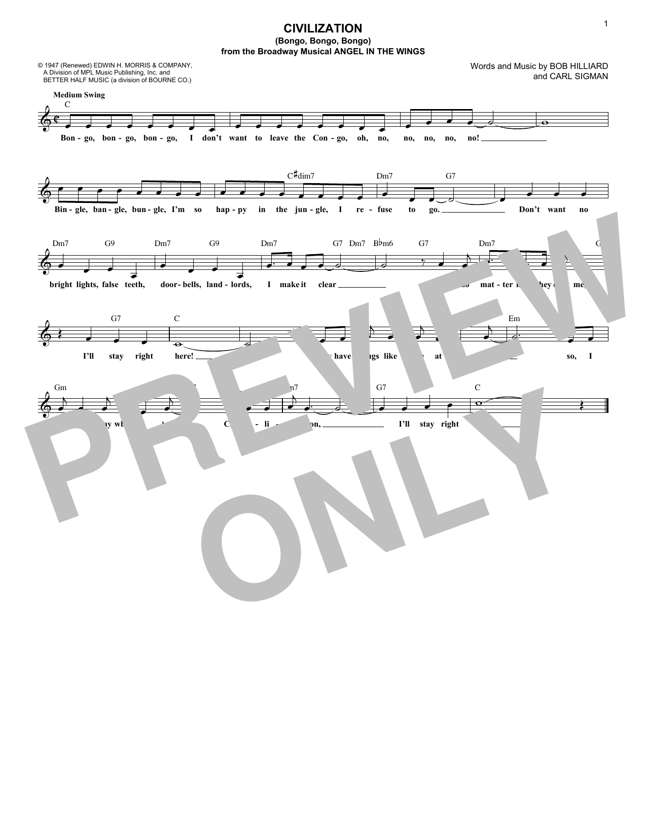 Bob Hilliard Civilization (Bongo, Bongo, Bongo) sheet music notes and chords arranged for Lead Sheet / Fake Book