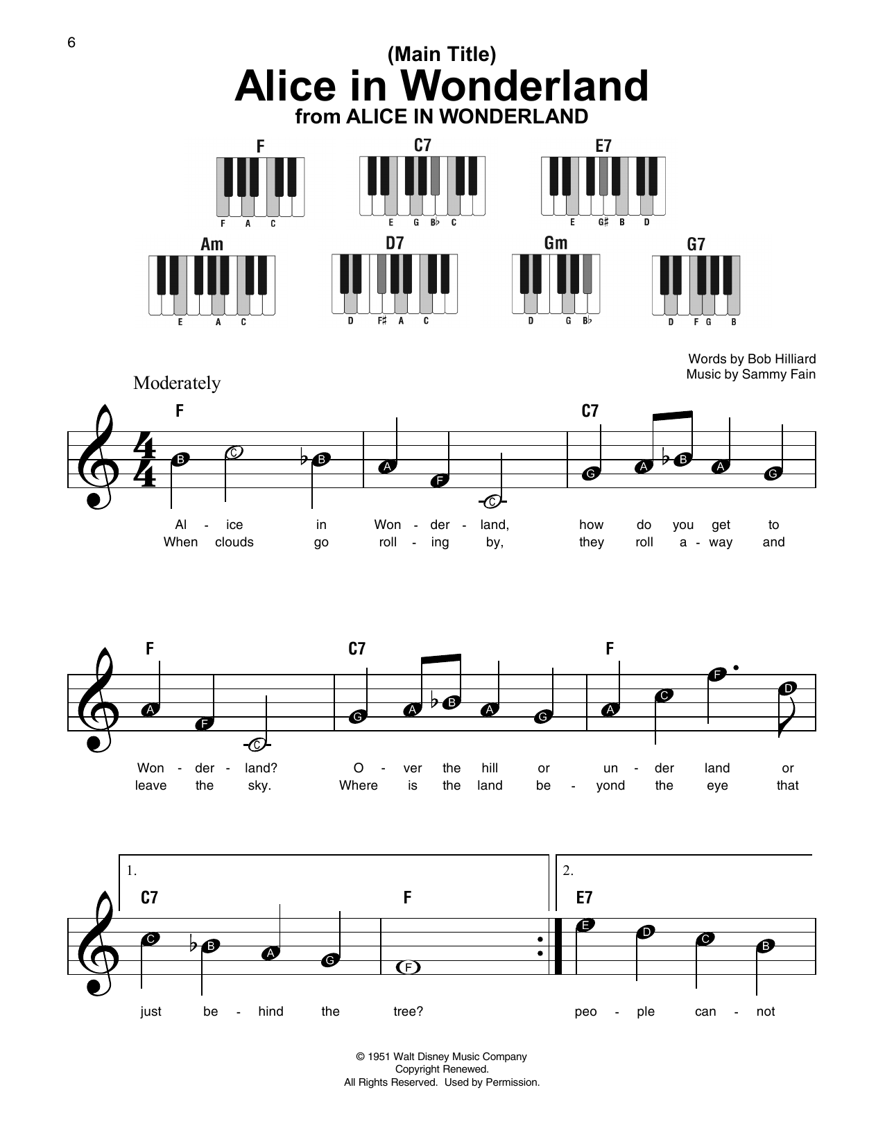Bob Hilliard Main Title (Alice In Wonderland) sheet music notes and chords arranged for Super Easy Piano
