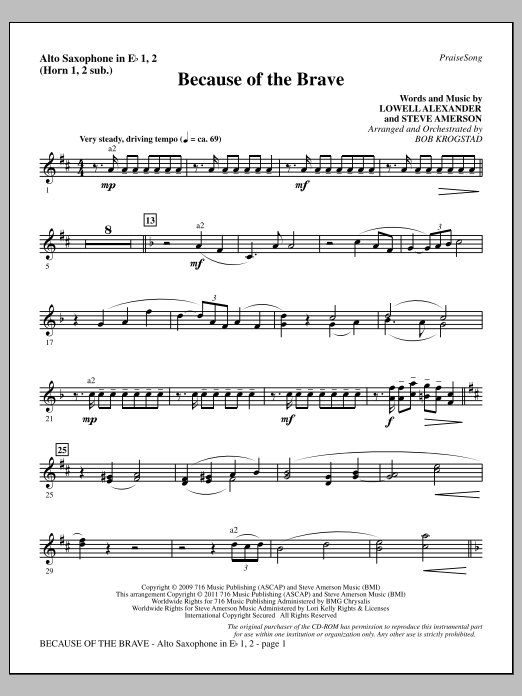 Bob Krogstad Because Of The Brave - Alto Sax 1-2 (sub. Horn 1-2) sheet music notes and chords arranged for Choir Instrumental Pak