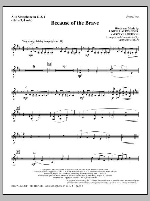 Bob Krogstad Because Of The Brave - Alto Sax 3-4 (sub. Horn 3-4) sheet music notes and chords arranged for Choir Instrumental Pak