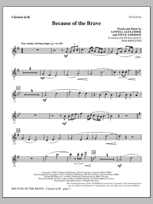 Bob Krogstad Because Of The Brave - Clarinet sheet music notes and chords arranged for Choir Instrumental Pak