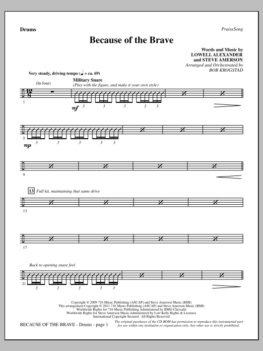 Bob Krogstad Because Of The Brave - Drums sheet music notes and chords arranged for Choir Instrumental Pak
