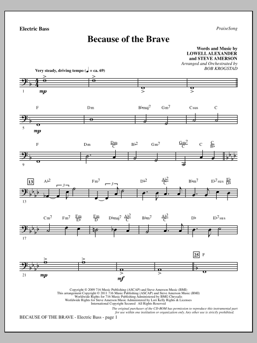 Bob Krogstad Because Of The Brave - Electric Bass sheet music notes and chords arranged for Choir Instrumental Pak
