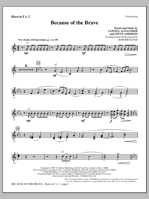 Bob Krogstad Because Of The Brave - F Horn 1 & 2 sheet music notes and chords arranged for Choir Instrumental Pak