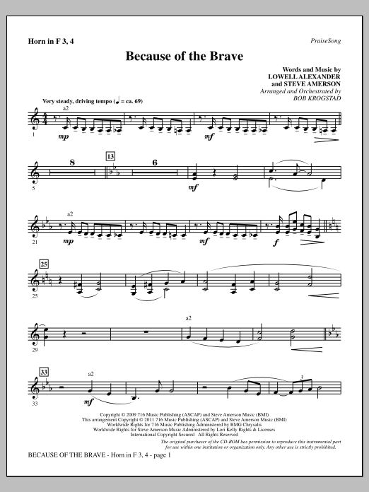 Bob Krogstad Because Of The Brave - F Horn 3 & 4 sheet music notes and chords arranged for Choir Instrumental Pak