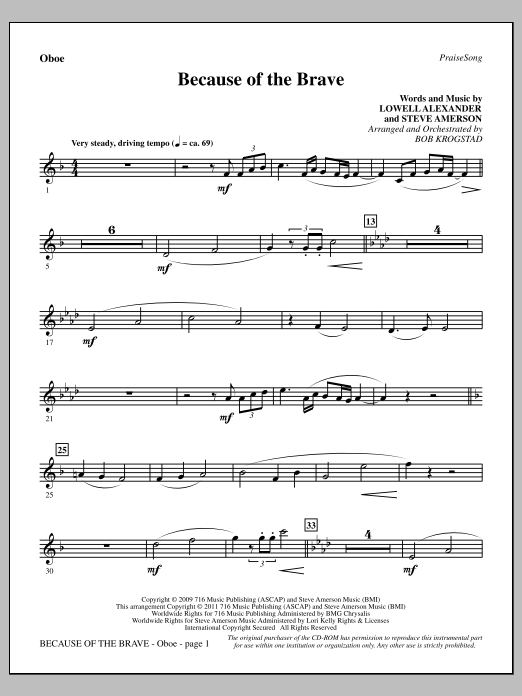 Bob Krogstad Because Of The Brave - Oboe sheet music notes and chords arranged for Choir Instrumental Pak